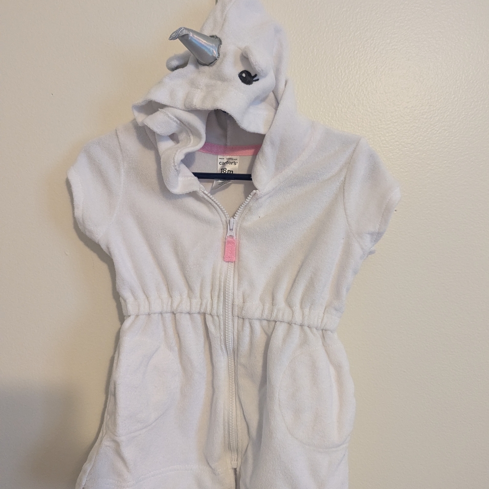 EUC Carter's Baby Girl 18 Months Unicorn Swim Cover-Up Terry Zip Beach White